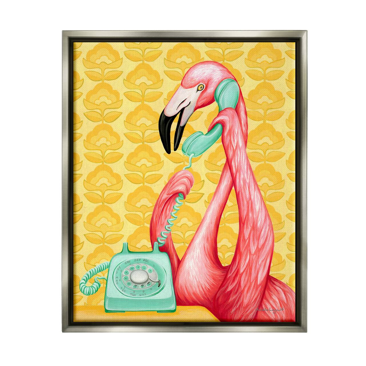 Stupell Industries Flamingo Calling Dial Telephone Groovy Flowers Framed Floater Canvas Wall Art
